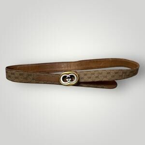 Vintage GUCCI GG Canvas Belt Brown Leather Gold Tone Buckle Size 75/30
